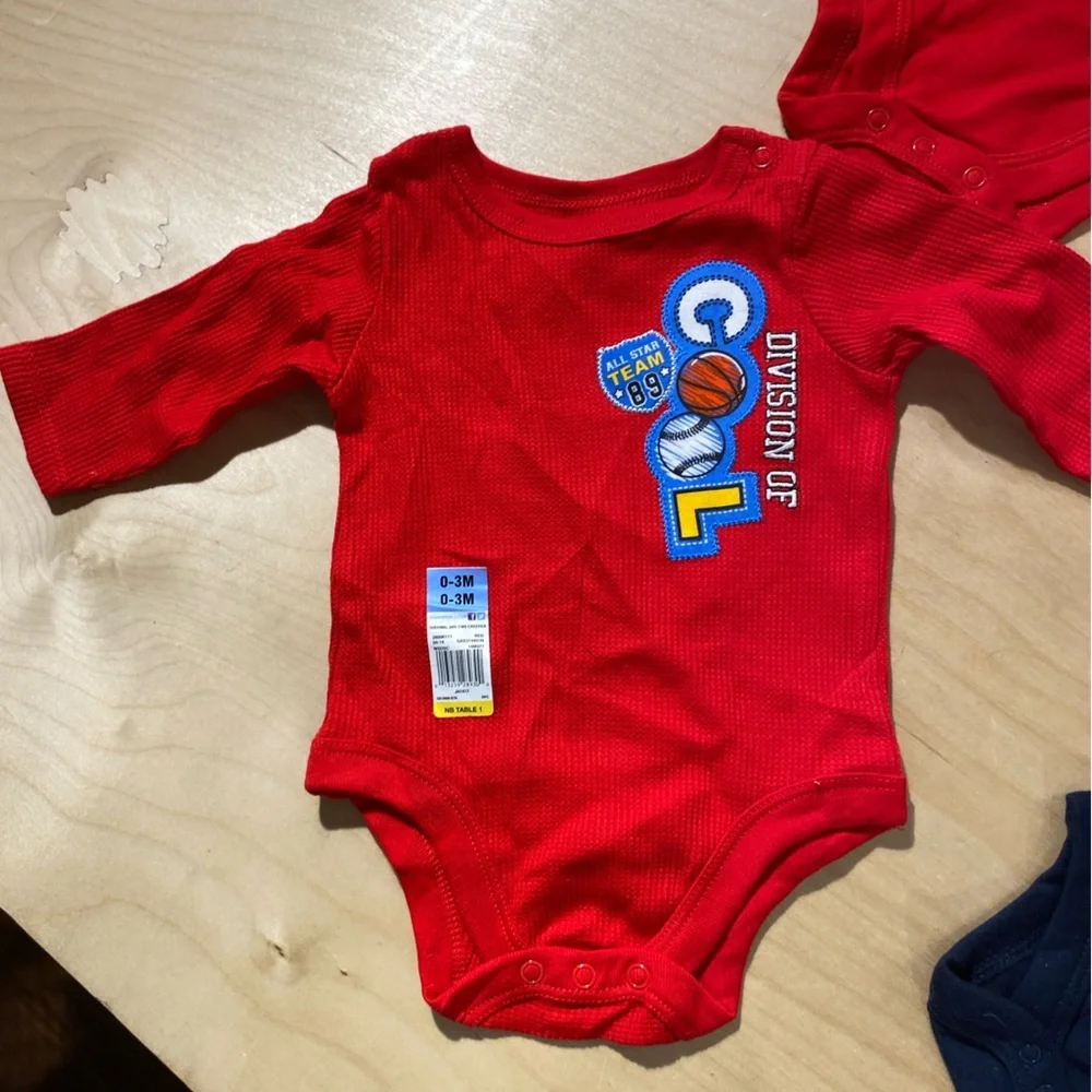 4 Garanimals Comic and Sports Baby Bodysuits - Red, Green, Navy 0-3M (OQ)